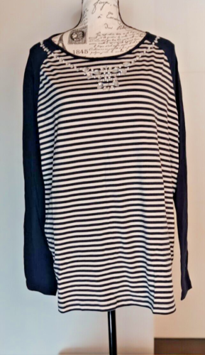 New DG2 Diane Gilman 1X Blue White Stripe Top Shirt, Rhinestone Embellishment