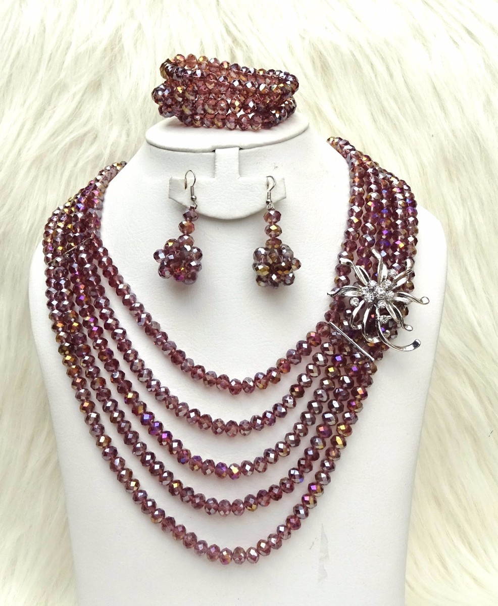 Purple Multi Layers Beautiful Crystal Necklace African Beads