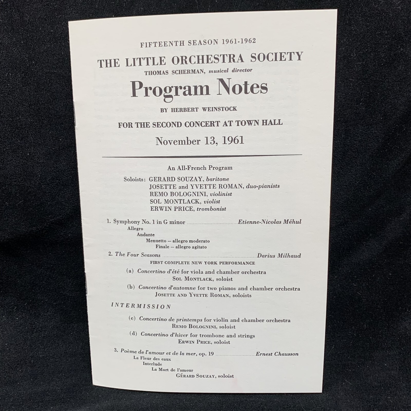 GERARD SOUZAY, REMO BOLOGNINI, MONTLACK, PRICE Concert Program Nov 13, 1961 NYC