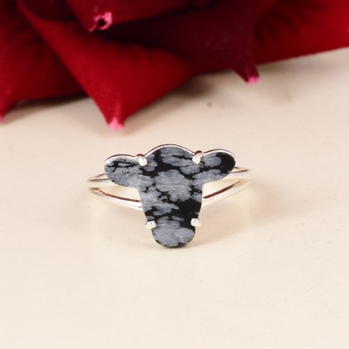 Cow Head Snowflake Obsidian Sterling Silver Ring For Animal Lover Gift Jewelry - Picture 5 of 10