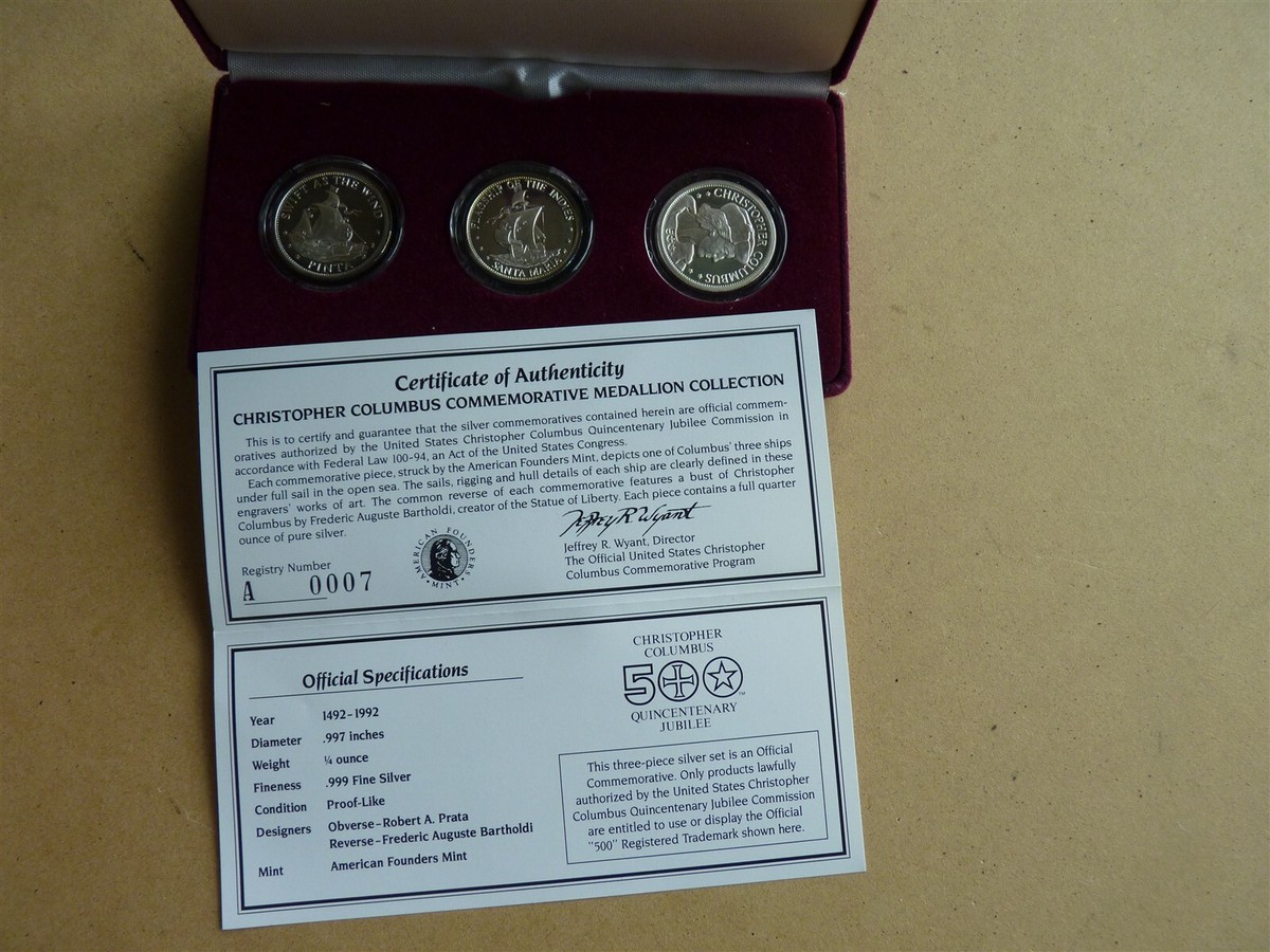1992 SET 3 MEDAILLION COLLECTION CHRISTOPHER COLUMBUS pure .999