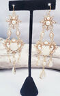 Faux Pearl White Rose Themed Chandelier Crystal Rhinestone Dangle Fancy Earrings