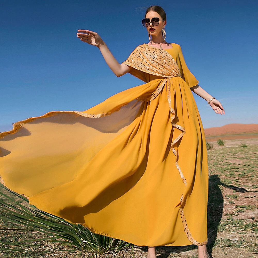 Abaya Dance Skirt Beach Dress Orange Sequin Swing Dubai Arab
