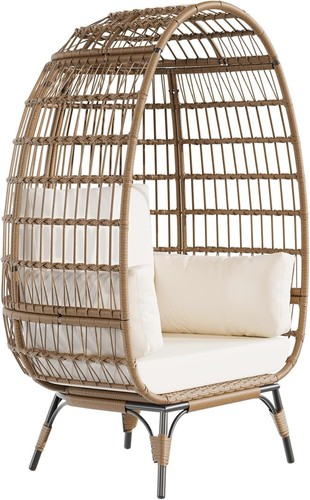 Wicker Egg Chair Outdoor Egg Basket Lounge Chair with Thick Cushion Metal Stand - Picture 7 of 7
