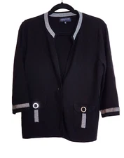 Jones New York XL 14 12 Rayon Knit Black Cardigan White Stripes detail 3/4 EUC