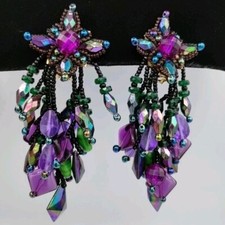 Colleen Toland Dangling Chandelier Statement Earrings Clip On Purple Green Beads