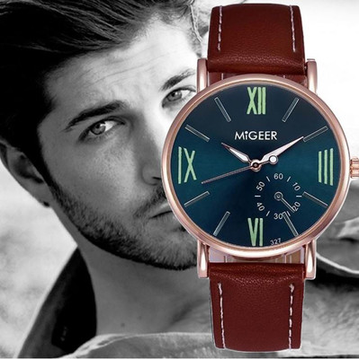 Herren: Moderne Uhr mit Jade Zifferblatt, Limetten Ziffern & brauner Lederklammer