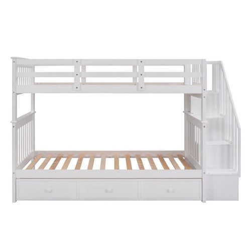 Wood Bed Frame Stairway Twin-Over-Twin Bunk Bed with 3 Drawers for Bedroom White - Picture 7 of 12