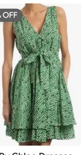 SEE by CHLOE green geometric pattern sleeveless v-neck flounce dress