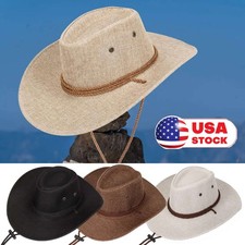Mens Women Bucket Cap Cowboy Fedora Hat Summer Wide Brim Linen Mesh Outdoor Hats