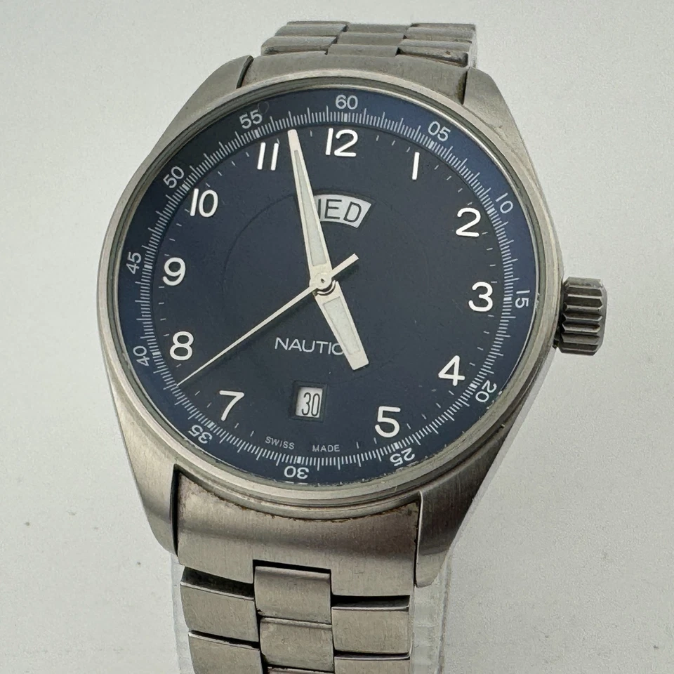 Швейцарские мужские кварцевые часы Nautica 100 м серебристые синие стальные аналоговые ~на запчасти для ремонта - Изображение 2 из 4
