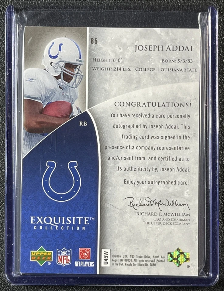 JOSEPH ADDAI 2006 UPPER DECK EXQUISITE COLL #85 ROOKIE AUTO RC 129/150 COLTS - Image 2 of 2