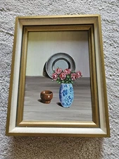 Still Life Realism Painting Pewter Plate Blue Vase Roses Terra Cotta Pot 