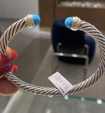 David Yurman 925 Silver 14K Gold Turquoise 7mm Cable Classic Cuff Bracelet