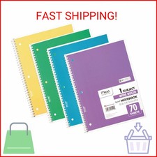 Mead Spiral Notebook, 4 Pack, 1 Subject, Wide Ruled Paper, 7-1/2" x 10-1/2", 70