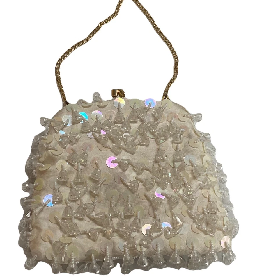 Vintage Beaded Clutch And Chain Evening Bag Purse White Pearl Iridescent Bridal - Image 2 of 4