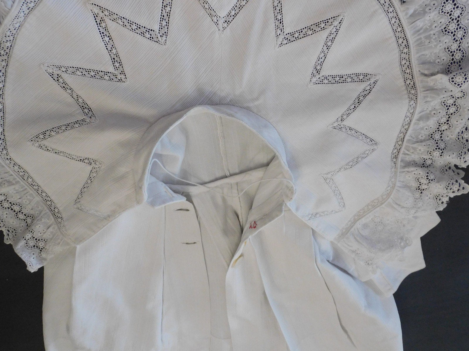 old baptism cotton cape coat - doll, lace inlays