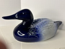 Vintage Staffordshire Pottery Duck Figurine Cobalt Blue & White Ceramic England