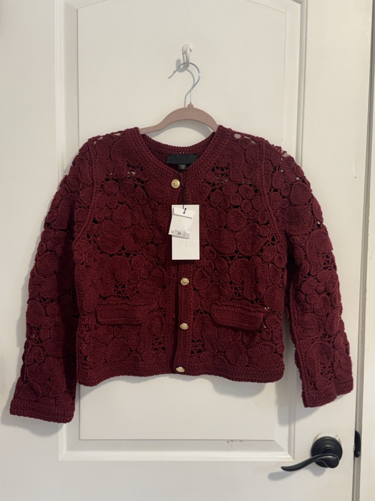 ZARA NWT $99 WOMAN SS25 KNIT MACRAME CARDIGAN BURGUNDY | 1957/001 thumbnail 5