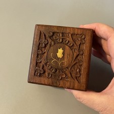 Vintage Wooden Inlay Trinket Box Carved Brass Flower 3" Keepsake Jewelry