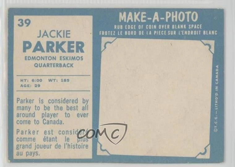 1961 Topps CFL Jackie Parker #39 Rookie RC - Image 2 of 2