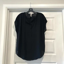 Pure Energy Women’s Size X Blouse Top Black Sheer V-Neck Short Sleeve Career