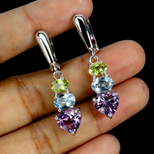 Summer 925 Silver Earrings Heart Amethyst 8mm Peridot Topaz Gemstone Jewelry - Picture 2 of 14