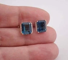 3Ct Emerald Cut London Blue Topaz Women's Halo Stud Earring 14K Rose Gold Over