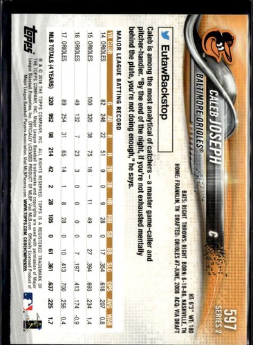 2018 Topps Series 2 Caleb Joseph Baltimore Orioles #597 4 Card Lot - Picture 2 of 2