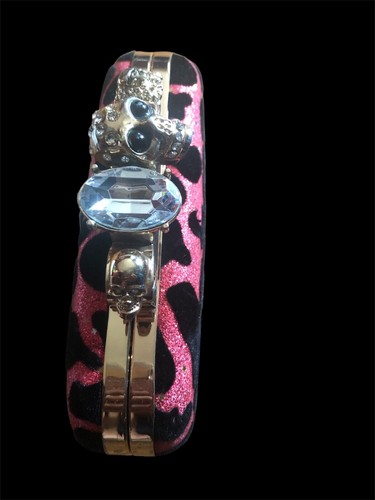Brass Knuckle Jeweled Skull Crossbody Purse Pink Leopard w/gold Metallic Stars - Picture 4 of 10