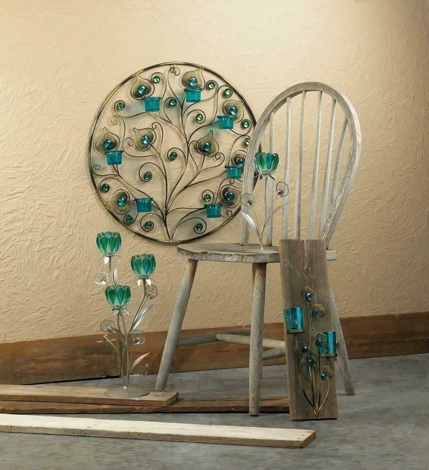 Arandela de parede grande azul-petróleo turquesa pena de pavão escultura suporte de vela - Imagem 3 de 3