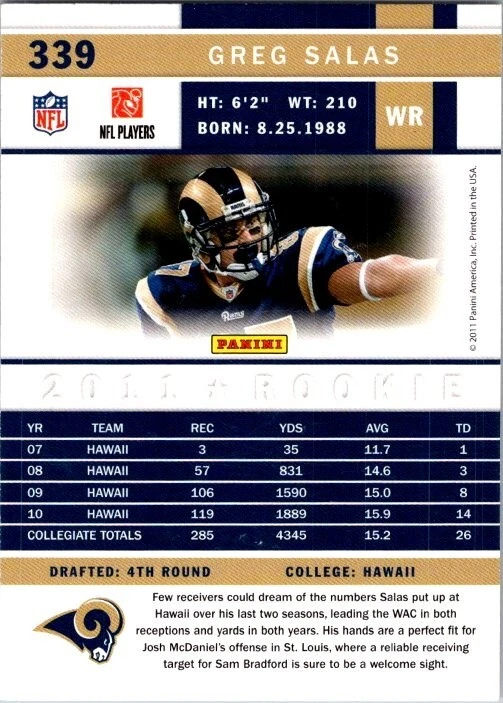 2011 Score - Rookie Greg Salas #339 (RC) - Image 2 of 2