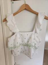 Urban Outfitters UO Women's Cropped Tank Top Green White Beaded Floral Small