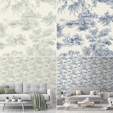 Toile De Jouy Alberi Carta da Parati Vintage Castello French Country - Verde Blu