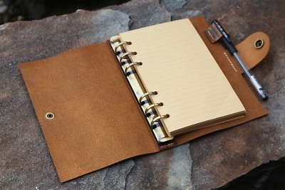 Personalized refillable 6 ring rustic leather A6 journal cover with pen holder 