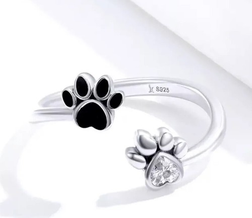 Anello Gatto Cane Zampa Argento 925 Impronta Strass Regolabile Animale Cristallo Regalo - Foto 5 di 7