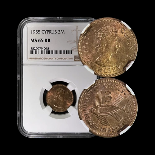 CYPRUS. 1955, 3 Mils - NGC MS65 - QEII, British Crown Colony, Flying Fish