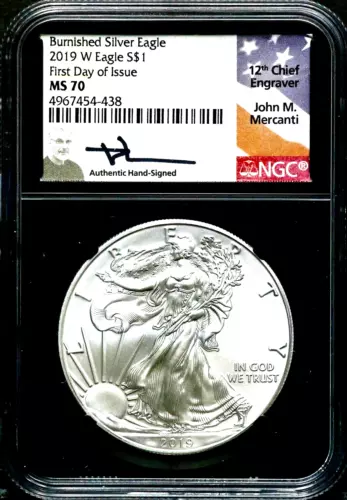 2019-W $1 American Burnished Silver Eagle NGC MS 70 FDOI Mercanti Sig  BS247