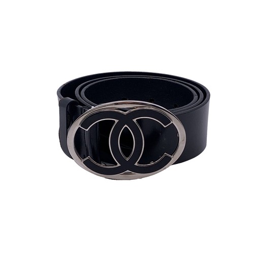 CHANEL Black Quilted Leather Belt pale Gold CC Logo Interlocking