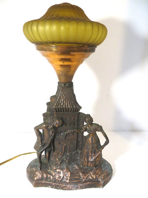 Vtg Art Deco Love Meets Amber Glass Shade Cast Metal/Copper Lamp