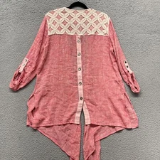 John Mark Cardigan Womens L Red Linen Blend Roll Tab Sleeve Lace Boho Draped