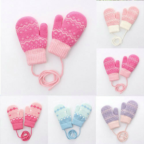 Children's Gloves On String Lovely mittens Warm Best Gift Unisex Knitted Winter - Picture 1 of 15