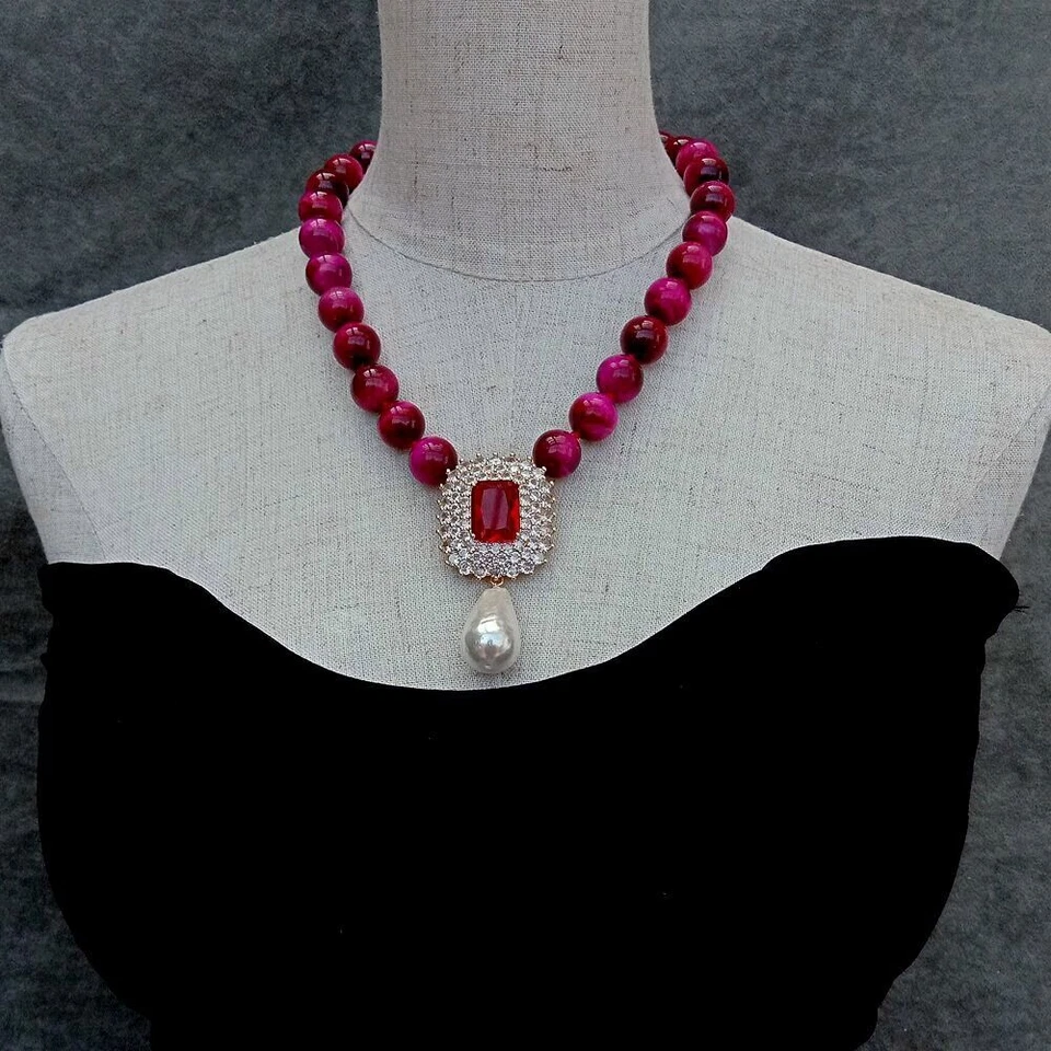 Collar 14mm Fucsia Ojo de Tigre 16x26mm Circonita Pavé Blanco Concha Perla Colgante Foto 4 de 4