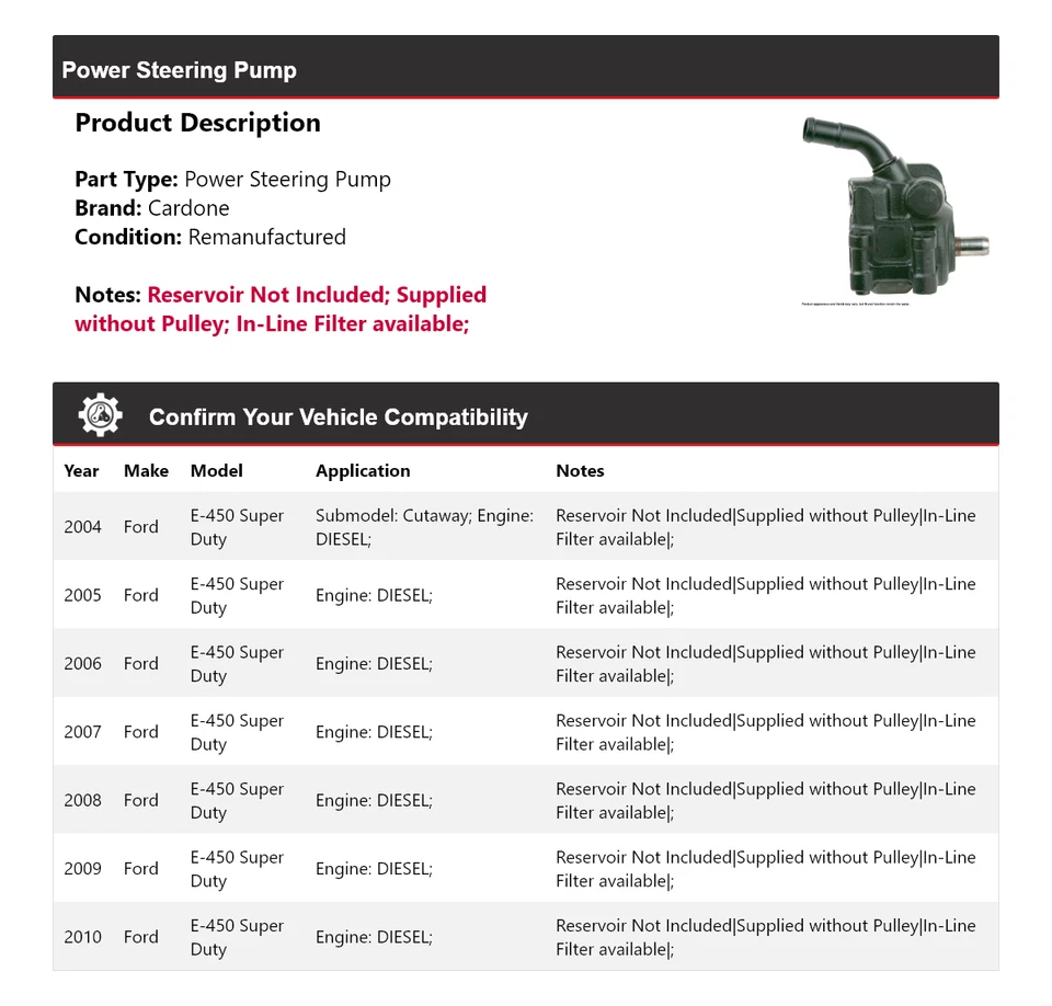 For 2004-2010 Ford E-450 Super Duty DIESEL Power Steering Pump Cardone 2005 2006 - Image 2 of 4
