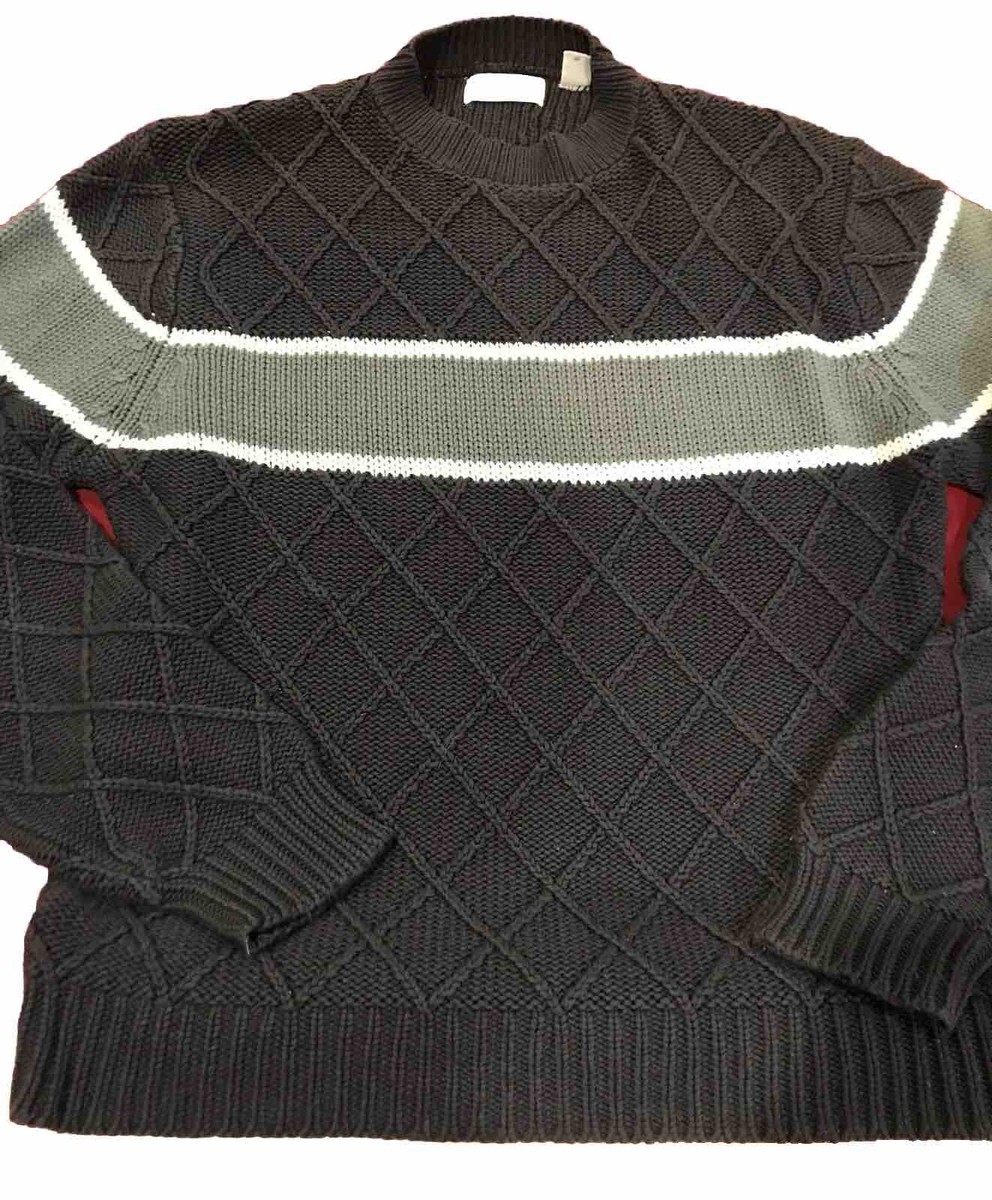 XL VTG Diamond Cable Knit GRAY SWEATER Chest Stripe TROY LEE Virgin Acrylic  Mens