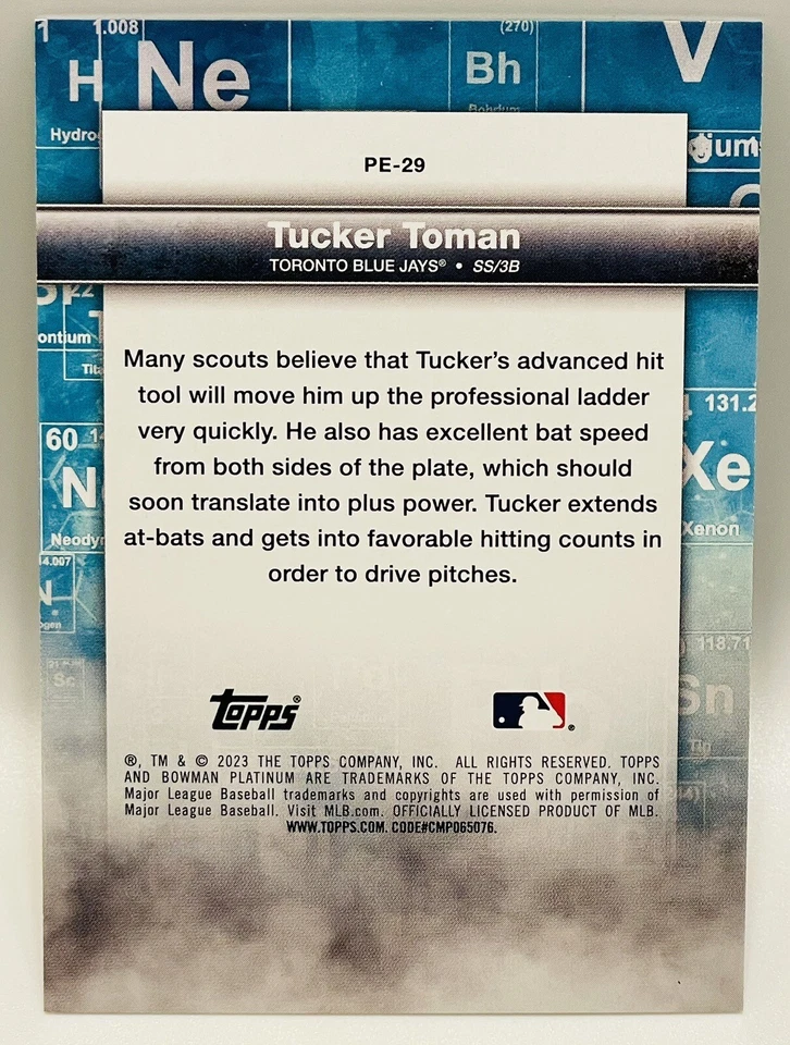 Tucker Toman *41/99* 2023 Bowman Platinum ‘Precious Elements’ #PE-29 Blue Jays - Image 3 of 3