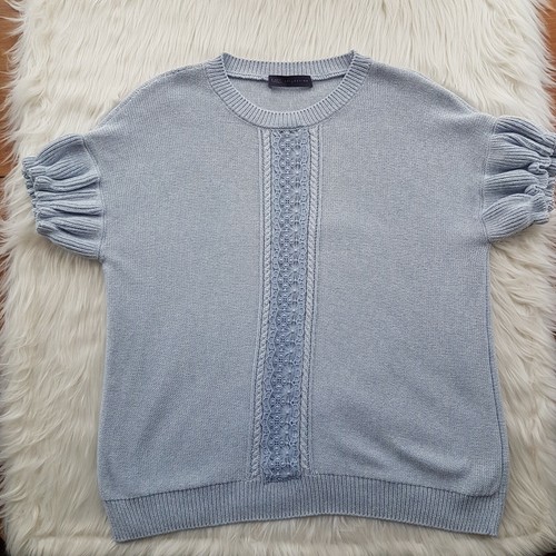 M&S Light Chambray Blue Knit Crochet Top Size 14 Puff Short Sleeve Sweater M - Picture 3 of 7