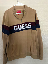 GUESS Men Beige Colorblock 1/4 Zip Fleece Sweatshirt Embroidered Logo L