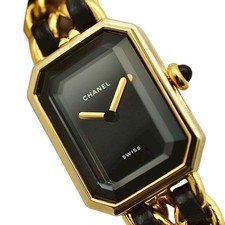 CHANEL Premiere L Analog Quartz Watch H0001 Gold Black Leather Band 6 Jewels