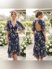 Jenny Yoo Women’s Sonia V-neck Floral Crepe Open Back Navy Midi Dress Size 12